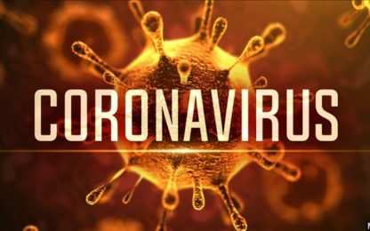 Coronavirus in Bold Capital Letters with a virus spore in the background. Photo by Alpha Media USA Portland OR