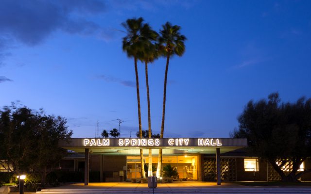 City Hall in Palm Springs, CA at night. Photo from Alpha Media Portland OR