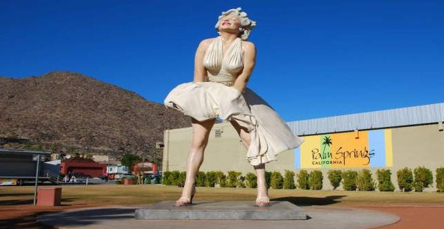 Photo of Forever Marilyn statue when she stood at Palm Canyon Drive and Tahquitz Canyon Way in downtown Palm Springs CA in 2014. Photo from Palm Springs.com, via press release