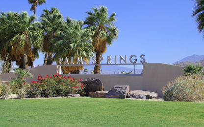 The welcome sign for Palm Springs located on the west end of Hwy 111. Photo from Alpha Media Portland OR
