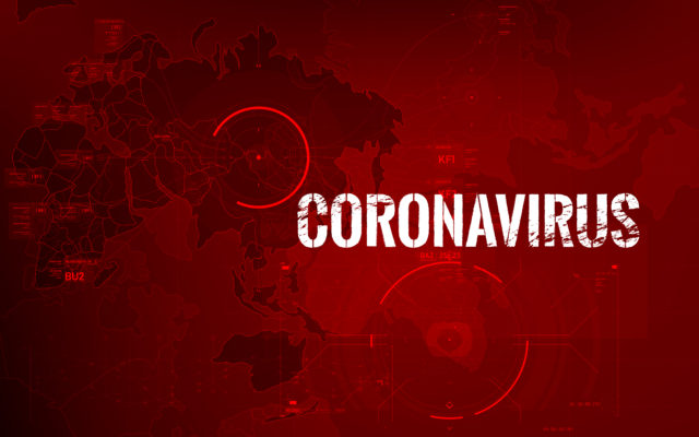 Coronavirus text outbreak with the world map and HUD circle element cyber futuristic concept, Abstract background virus hazard vector illustration Photo from Alpha Media Portland OR