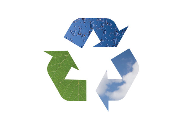 Recycle symbol made from water, leaf and cloud sky. Photo from Alpha Media Portland OR