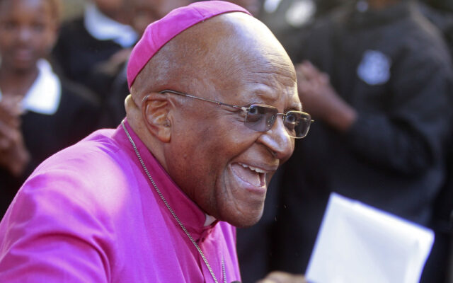 South Africa's Archbishop Desmond Tutu, reacts as he meets people after being awarded the Templeton prize in the city of Cape Town, South Africa, Thursday, April 11, 2013. South Africa's Archbishop Desmond Tutu was awarded the 2013, Templeton Prize by the United States, Templeton Foundation for his work in advancing spiritual principles such as love and forgiveness. (AP Photo/Schalk van Zuydam) used locally Dec 27th 2021 @ap.images