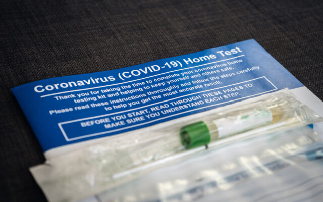 Close up Coronavirus Home Test (COVID-19) on a sofa in living room London England. Photo from Alpha Media Portland OR