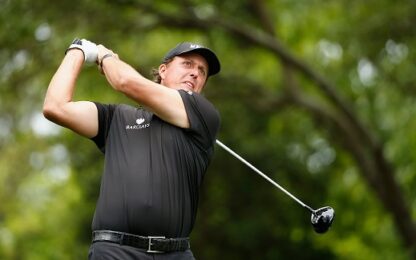 AUGUSTA, GA - APRIL 12: Phil Mickelson of the United States hits his tee shot on the second hole during the final round of the 2015 Masters Tournament at Augusta National Golf Club on April 12, 2015 in Augusta, Georgia. (Photo by Ezra Shaw/Getty Images) used locally April 26th 2022. Photo from Alpha Media Portland OR