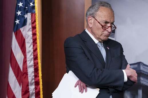 Senate Majority Leader Chuck Schumer, D-N.Y., listens as Senate Democratic women speak about next week's vote to codify Roe v. Wade, Thursday, May 5, 2022, on Capitol Hill in Washington. (AP Photo/Jacquelyn Martin) used locally May 12th 2022