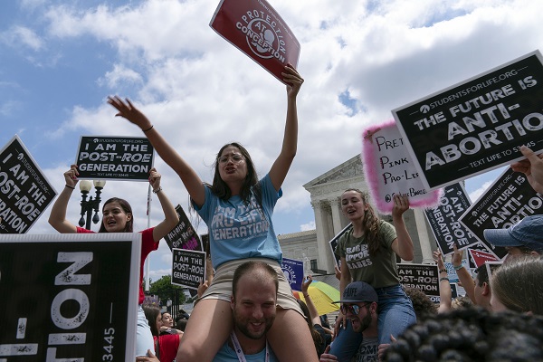 Anti-abortion protesters celebrate outside the Supreme Court in Washington, Friday, June 24, 2022. The Supreme Court has ended constitutional protections for abortion that had been in place nearly 50 years, a decision by its conservative majority to overturn the court's landmark abortion cases. (AP Photo/Jose Luis Magana) used locally June 24th 2022 @ap.images 
