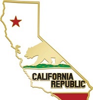 Map of California, with a red star in the upper left corner, a golden bear in the middle of the map, and the words California Republic on the bottom of the map; Map has green, white and red stripes on the bottom half. Photo from Riverside County Registrar of Voters website