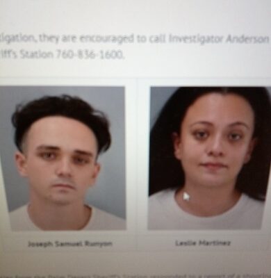 Homicide suspects Joseph Runyon and Leslie Martinez. Photo from Riverside County Sheriffs Dept 